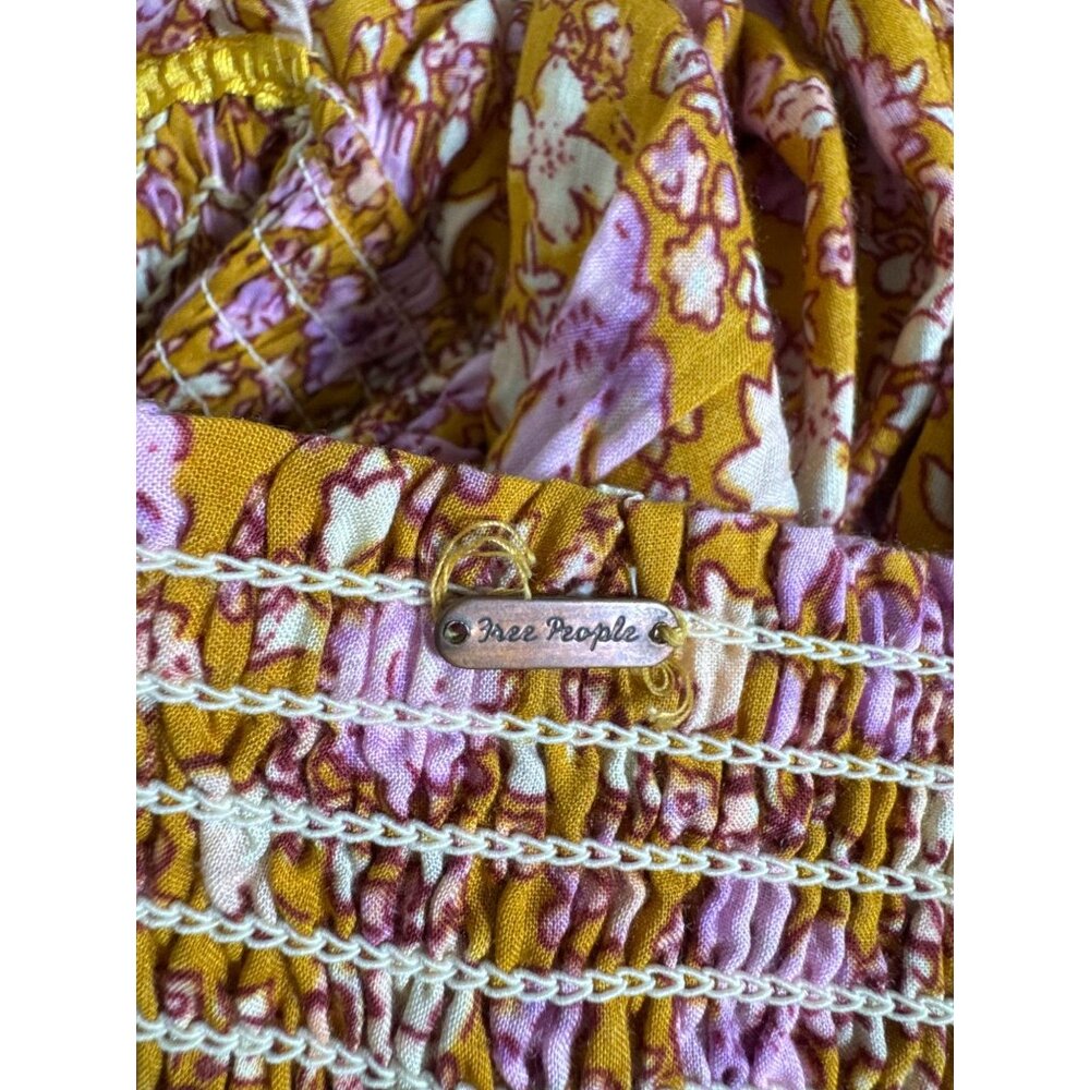 Free People Molly Jo Midi Maxi Dress Women Small Tiered Mustard Floral Smocked - Picture 5 of 16